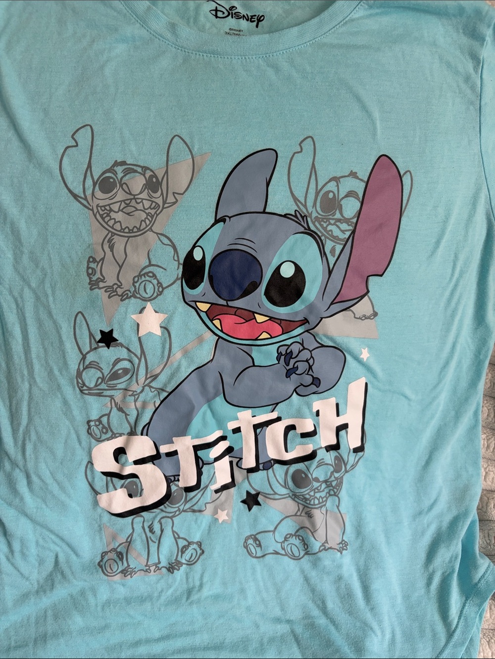 Disney Light Blue Stitch Graphic Tee with Pink Ear Accent